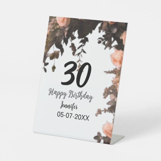 Roze roos  bloem moderne 30e verjaardag reclamebord met voetstuk (Voorkant)