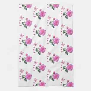 Roze Roos Bloem Vlinder Harten Handdoek