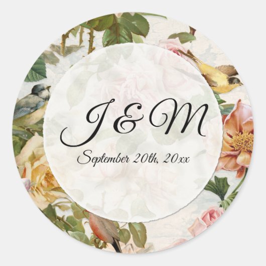 Roze Roos Bloem Vogel Monogram Envelop Ronde Sticker (Voorkant)