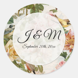 Roze Roos Bloem Vogel Monogram Enveloppe Vintage Ronde Sticker