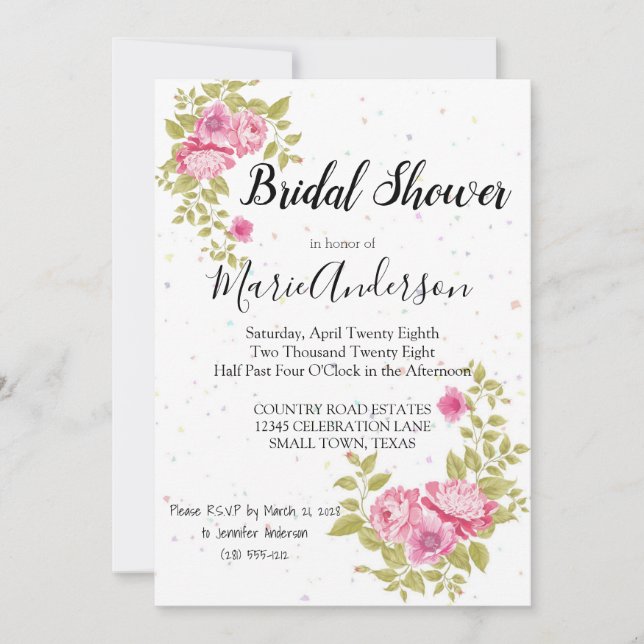 Roze Roos Bloemen Confetti Shower Uitnodiging (Voorkant)
