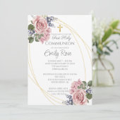 Roze roos Bloemen Eerste Heilige Communie Kaart (Staand voorkant)