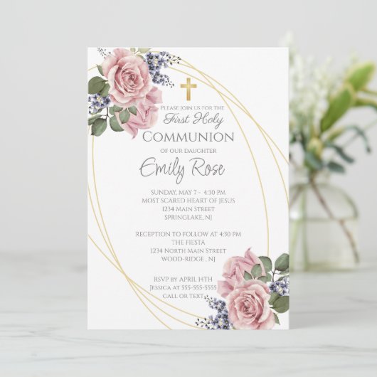 Roze roos Bloemen Eerste Heilige Communie Kaart (Staand voorkant)