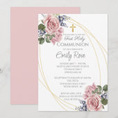 Roze roos Bloemen Eerste Heilige Communie Kaart (Voorkant / Achterkant)