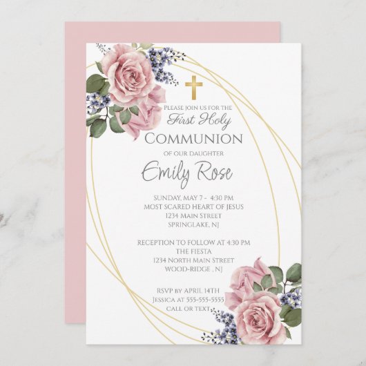 Roze roos Bloemen Eerste Heilige Communie Kaart (Voorkant / Achterkant)