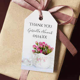 Roze roos bloemen in theepot cadeautag voor bruilo cadeaulabel