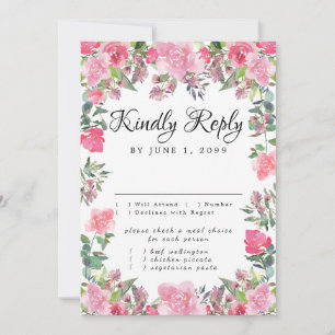 Roze Roos Bloemen RSVP Kaart met Maaltijdkeuze