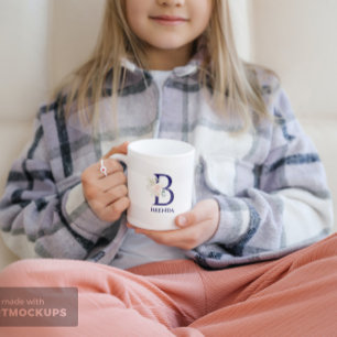 Roze roos bloemenboeket blauw monogram mok