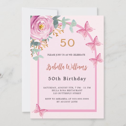 Roze roos bloemenboogvlinders Verjaardag Kaart (Voorkant)