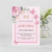 Roze roos bloemenboogvlinders Verjaardag Kaart (Staand voorkant)