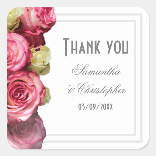 Roze roos bloemenbruids bruiloft dank u vierkante sticker (Voorkant)