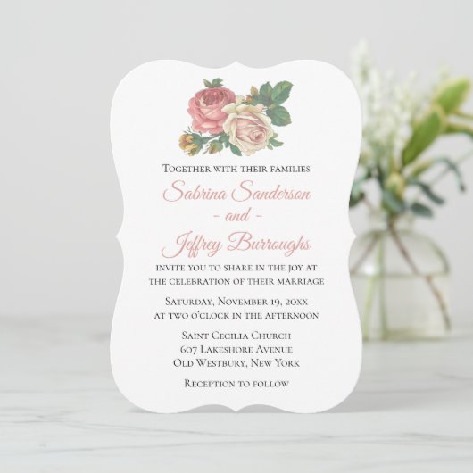  roze roos bloemenbruiloft kaart (Staand voorkant)