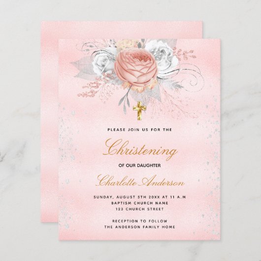 Roze roos bloemenbudget doopuitnodiging (Voorkant / Achterkant)