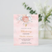 Roze roos bloemenbudget doopuitnodiging (Staand voorkant)