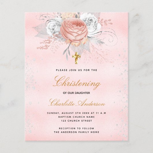 Roze roos bloemenbudget doopuitnodiging (Voorkant)