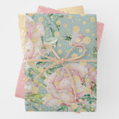 Roze roos bloemendot gouden blauwgroen  chique ele inpakpapier vel (In situ)