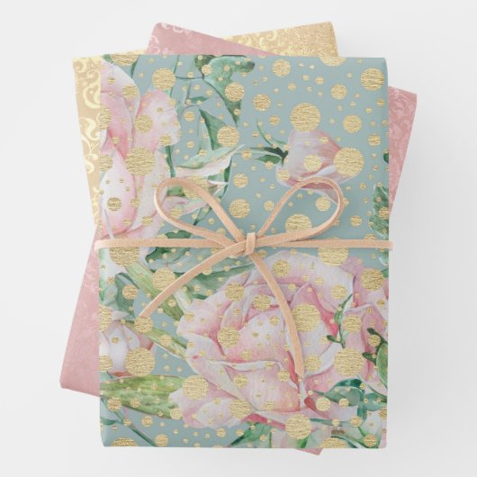 Roze roos bloemendot gouden blauwgroen chique ele inpakpapier vel (In situ)