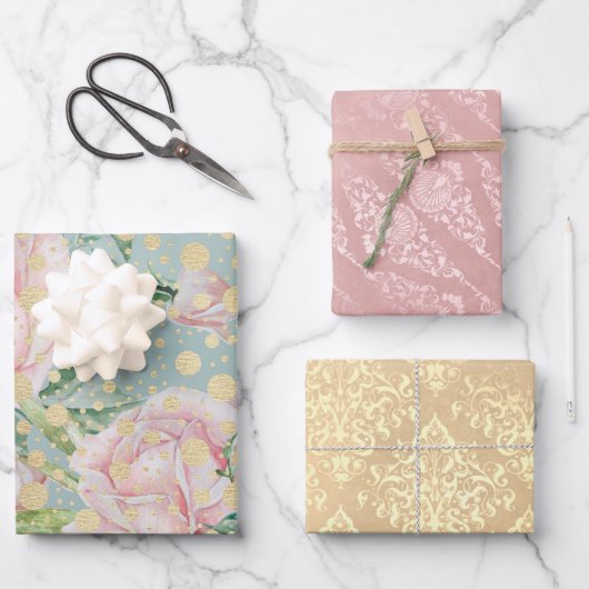 Roze roos bloemendot gouden blauwgroen chique ele inpakpapier vel (Voorkant)