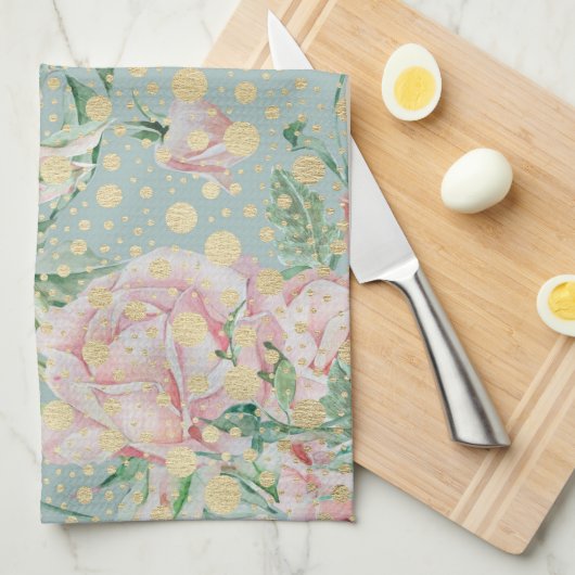Roze roos bloemengoud blauwgroen polka dot theedoek (Quarter Fold)