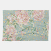 Roze roos bloemengoud blauwgroen polka dot theedoek (Horizontaal)