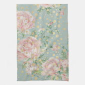 Roze roos bloemengoud blauwgroen polka dot theedoek (Verticaal)