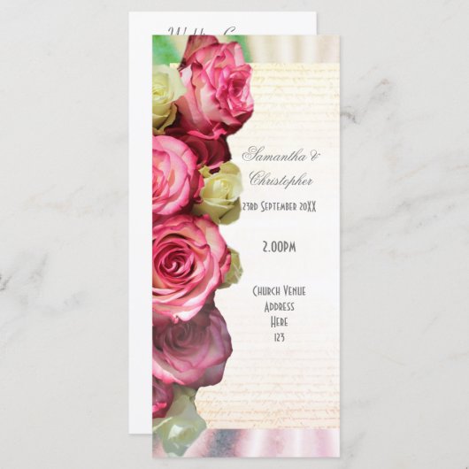 Roze roos bloemenkerk huwelijksprogramma programmakaart (Voorkant / Achterkant)
