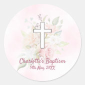 Roze roos bloemenmeisje doop ronde sticker (Voorkant)