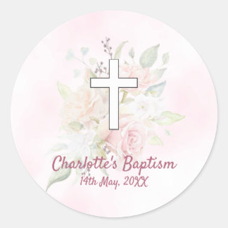 Roze roos bloemenmeisje doop ronde sticker