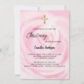 Roze roos bloemenmeisje luxe doopsel kaart (Voorkant)