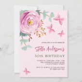 Roze roos bloemenvlinder groen verjaardag kaart (Voorkant)