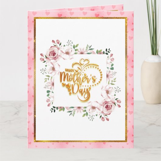Roze Roos Bloemhart Moederdag 3D-stijl Kaart (Voorkant)