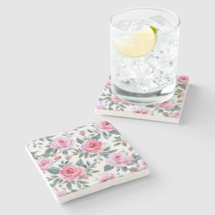 Roze Roos Bloemig Cottagecore Waterkleur Patroon Stenen Onderzetter