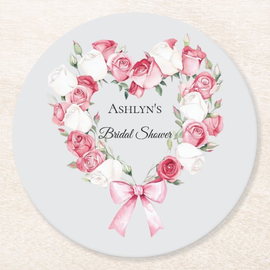Roze Roos Bloemig Hart Bruiloft Feest Ronde Kartonnen Onderzetter (Voorkant)