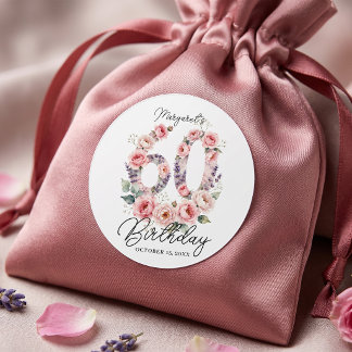 Roze Roos Bloemige 60e Verjaardagsfeest Ronde Sticker