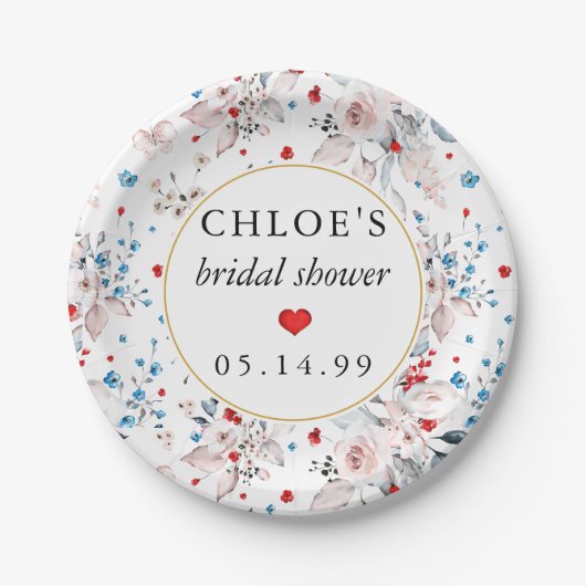 Roze Roos Bloemige Blauwe Bloemen Bruidsmeisjesfee Papieren Bordje (Voorkant)