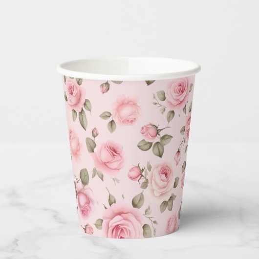 Roze Roos Bloemige Bruiloft Feest Papieren Bekers (Links)