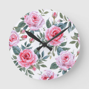 Roze Roos Bloemige Cottagecore Watercolor Patroon Ronde Klok