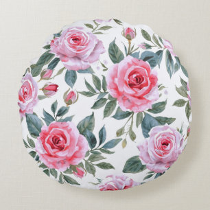Roze Roos Bloemige Cottagecore Waterverf Patroon Rond Kussen