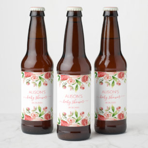Roze Roos Bloemige Groene Meisje Baby Shower Bier Etiket