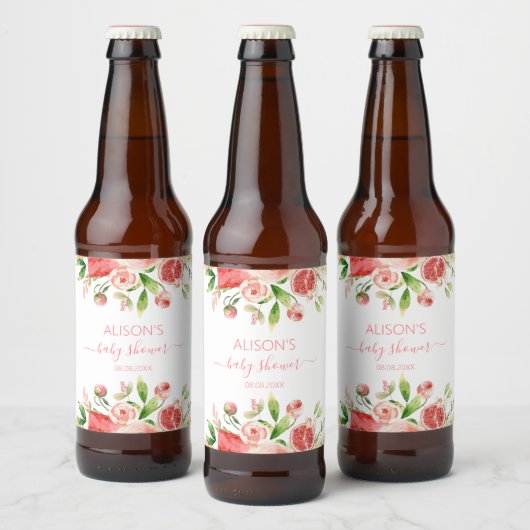 Roze Roos Bloemige Groene Meisje Baby Shower Bier Etiket (Flessen)