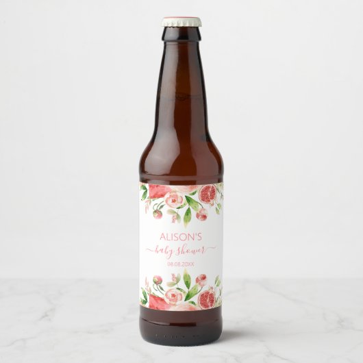 Roze Roos Bloemige Groene Meisje Baby Shower Bier Etiket (Voorkant)