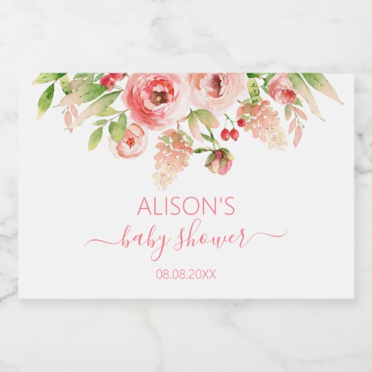 Roze Roos Bloemige Groene Meisje Baby Shower Mini Sparkling Wijnetiket (Enkel label)