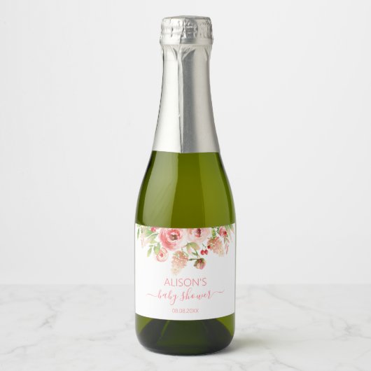 Roze Roos Bloemige Groene Meisje Baby Shower Mini Sparkling Wijnetiket (Voorkant)
