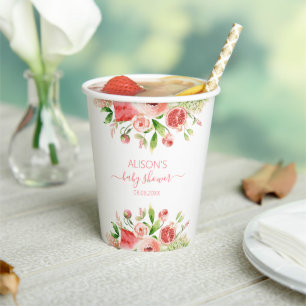 Roze Roos Bloemige Groene Meisje Baby Shower Papieren Bekers
