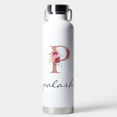 Roze Roos Bloemige Letter P Monogram Waterfles (Voorkant)