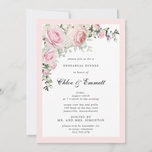 Roze Roos Bloemige Oefen Diner Kaart (Voorkant)
