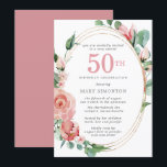 Roze Roos Bloemige Uitnodiging voor 50e Verjaardag<br><div class="desc">Een zachte pastelrode kleur die bijna roze is, creëert een mooi bloemendesign op deze elegante uitnodiging voor je 50ste verjaardag. De rode rozen zijn genesteld in diepgroene bladeren. De rozen en bladeren decoreren een chic gouden frame met meerdere strengen. 50th staat in een grote rode tekst. De rest van de...</div>