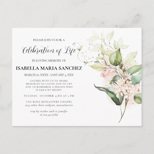 Roze Roos Bloemige Viering van Levensuitnodiging  Briefkaart (Voorkant)