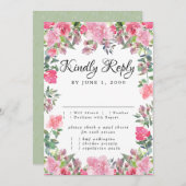 Roze Roos Bloemstuk RSVP Kaart met Maaltijdkeuze (Voorkant / Achterkant)