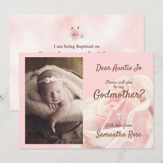 Roze roos bloost Godmother uitnodiging (Voorkant / Achterkant)